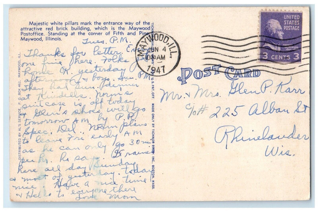 1947 Exterior View United States Post Office Maywood Illinois IL Posted Postcard