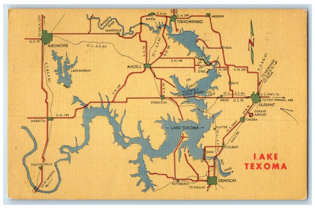 1948 Lake Texoma Largest Lake Map Durant Oklahoma OK Vintage Antique Postcard