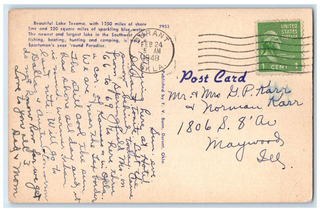 1948 Lake Texoma Largest Lake Map Durant Oklahoma OK Vintage Antique Postcard