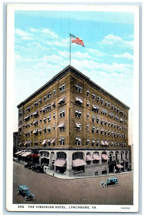 1920 Aerial Virginian Hotel Building Classic Cars Lynchburg Virginia VA Postcard