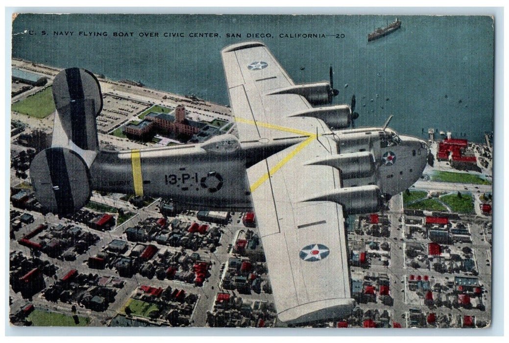 c1940 Navy Flying Boat Over Civic Center World War San Diego California Postcard