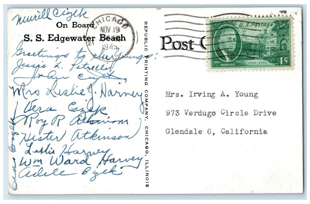 1945 Edgewater Beach Yacht Club Cocktail Room Hotel Chicago Illinois IL Postcard