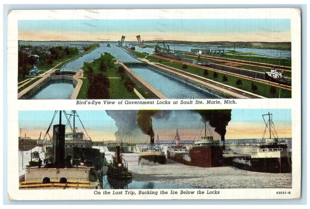 1942 Bird's Eye View Government Locks Sault Ste. Marie Michigan Vintage Postcard