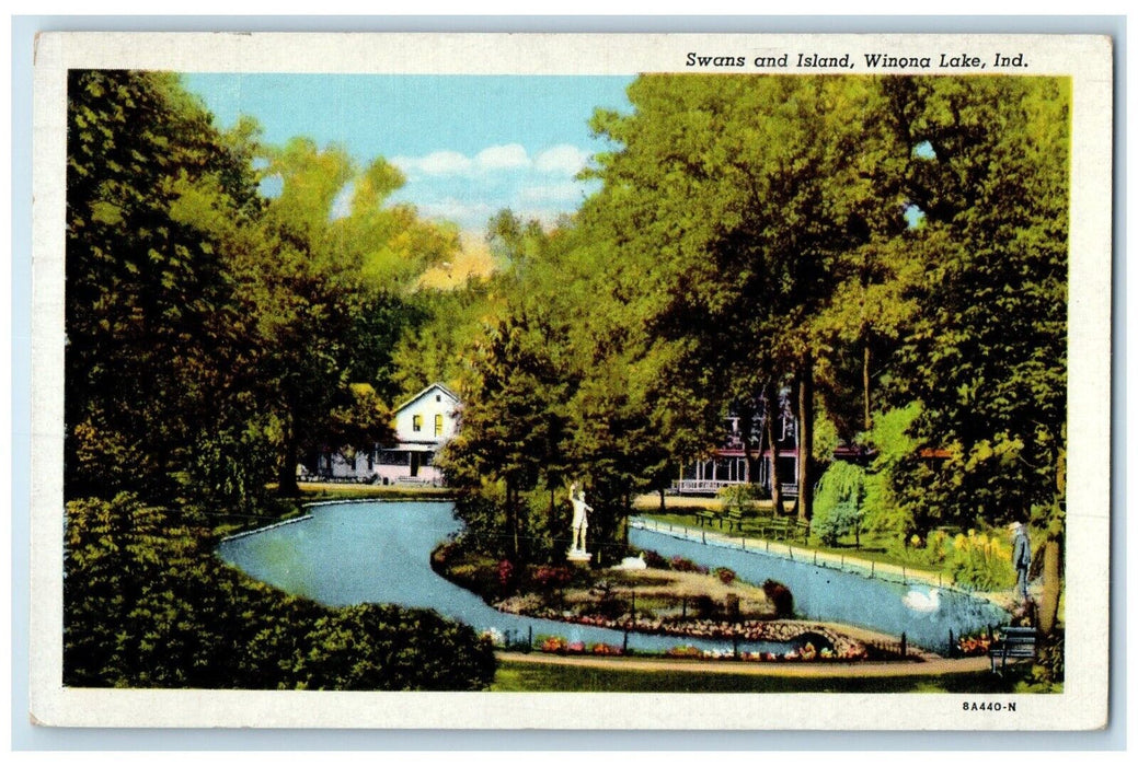 1946 Swans Island River Statue Trees Exterior Bench Winona Lake Indiana Postcard