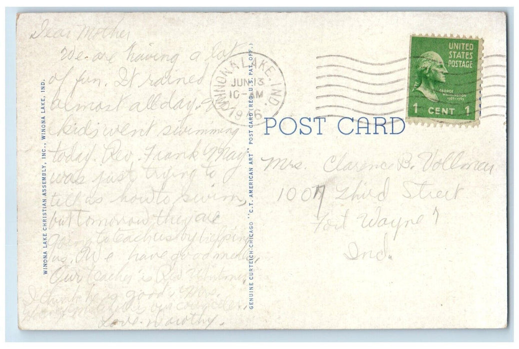 1946 Swans Island River Statue Trees Exterior Bench Winona Lake Indiana Postcard