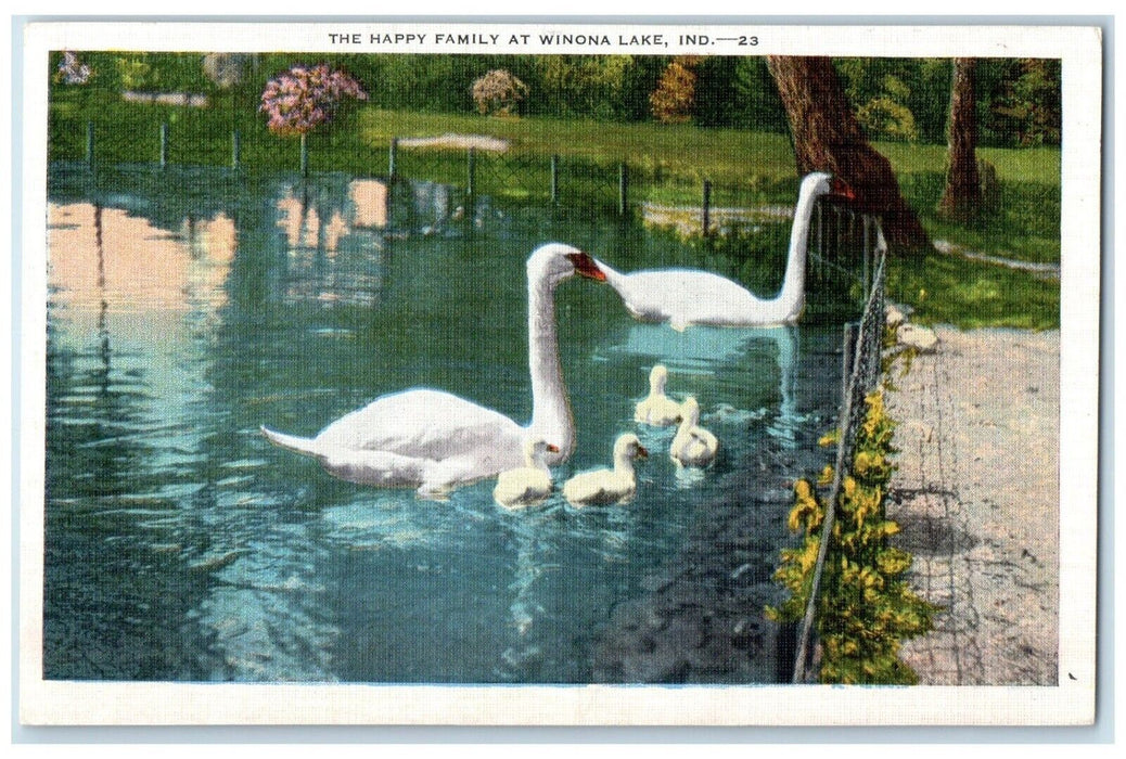 c1940 Happy Family Swan Pond River Winona Lake Indiana Vintage Antique postcard