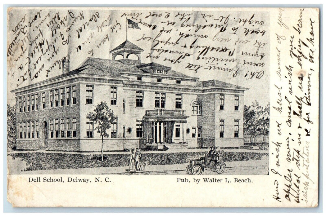 c1910's Dell School Building Car Delway North Carolina NC DPO Antique Postcard