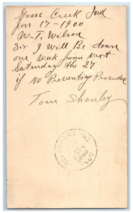 1900 Letter from Tom Shanley Grass Creek Indiana IN Posted Antique Postcard