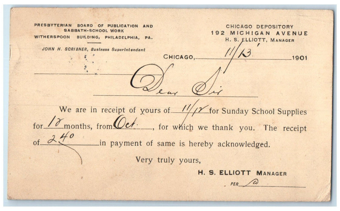 1901 Presbyterian Board Sunday School Chicago Depository Chicago IL Postcard