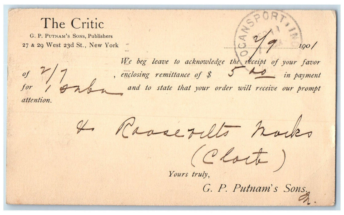 1901 The Critic GP Putnam's Sons Publisher New York NY Logansport IN Postcard