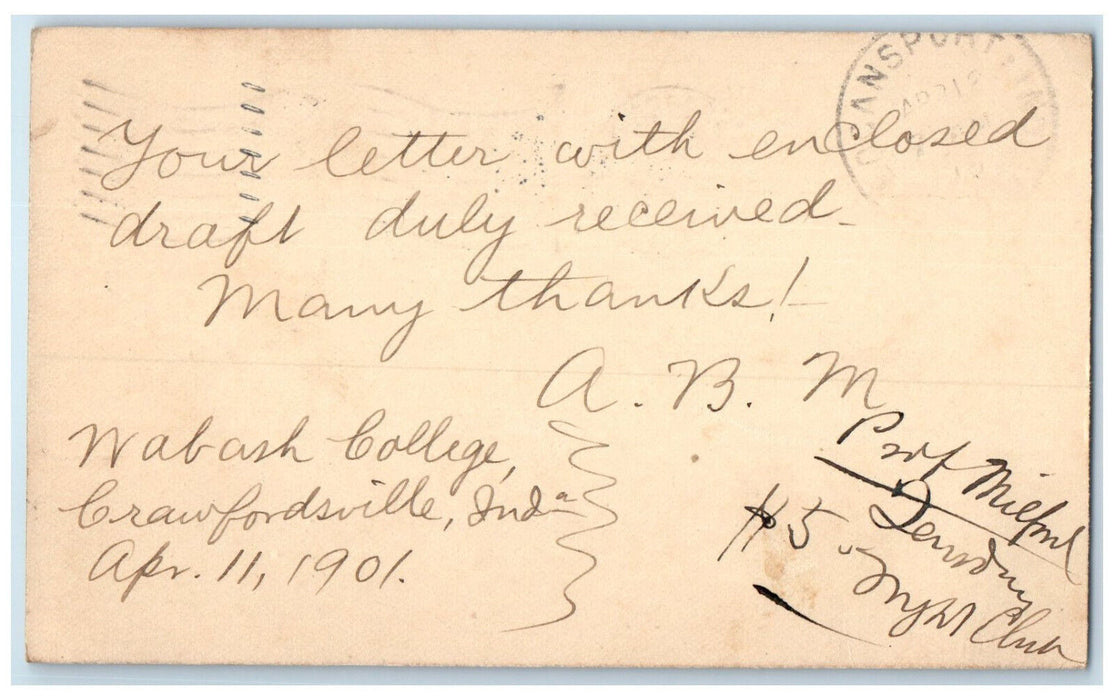 1901 Wabash College Crawfordsville Indiana IN Logansport IN Postcard