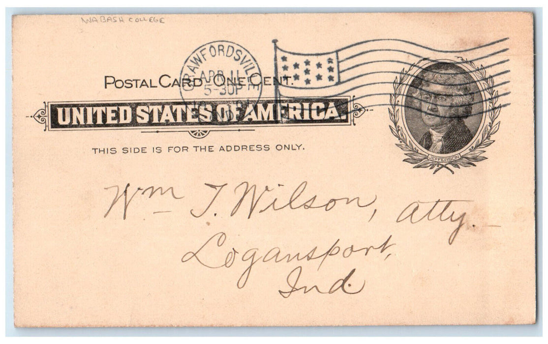 1901 Wabash College Crawfordsville Indiana IN Logansport IN Postcard