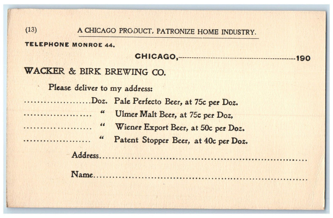 c1880's Wacker & Birk Brewing & Malting Company Chicago Illinois IL Postcard