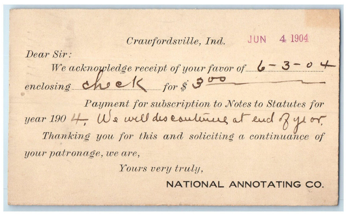 1904 National Annotating Co. Letter Crawfordsville Indiana IN Postcard