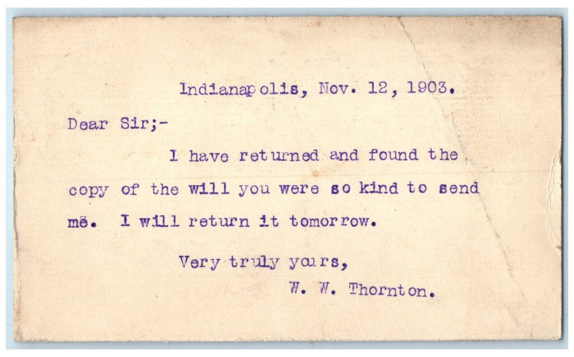 1903 Letter from WW Thornton About Will Indianapolis Indiana IN Postcard