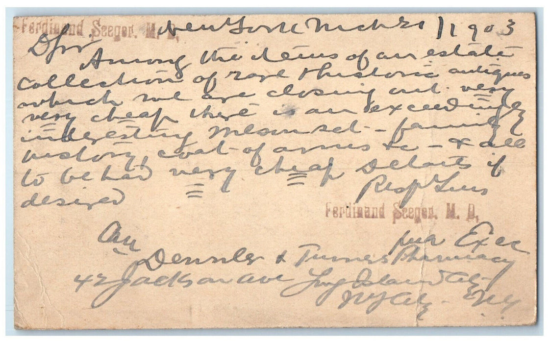 1903 Ferdinand Seager MD Stamp Letter to Mr Wilson Long Island NY Postcard