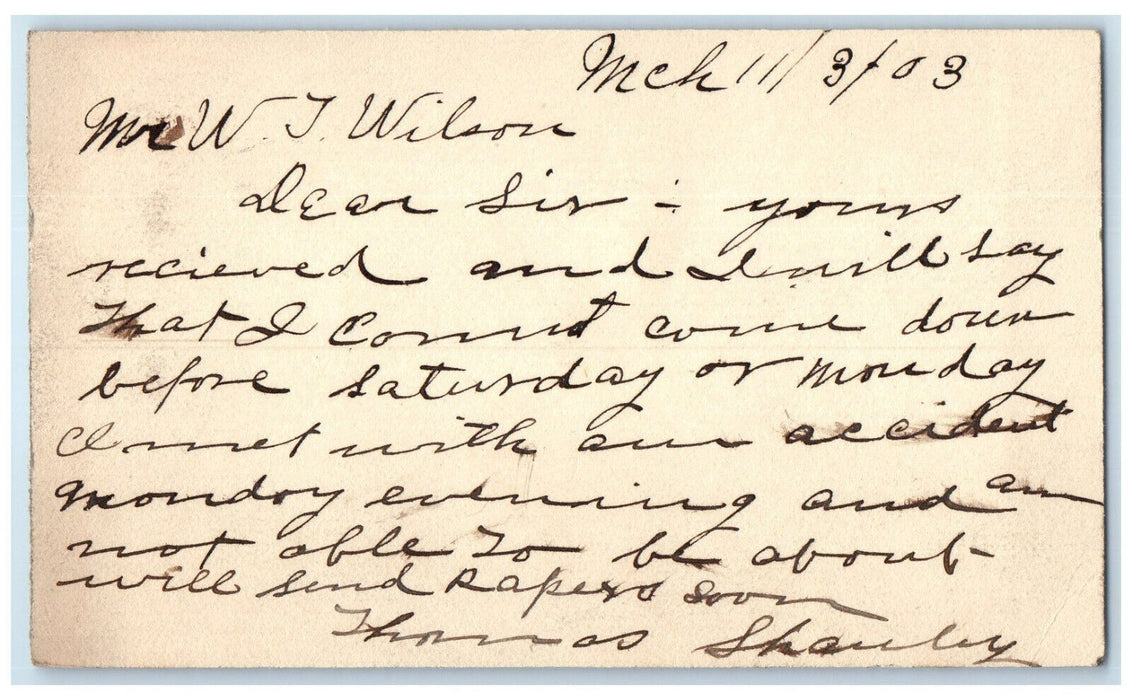 1903 Letter to Mr. W J Wilson Michigan MI Kewanna IN Posted Postcard