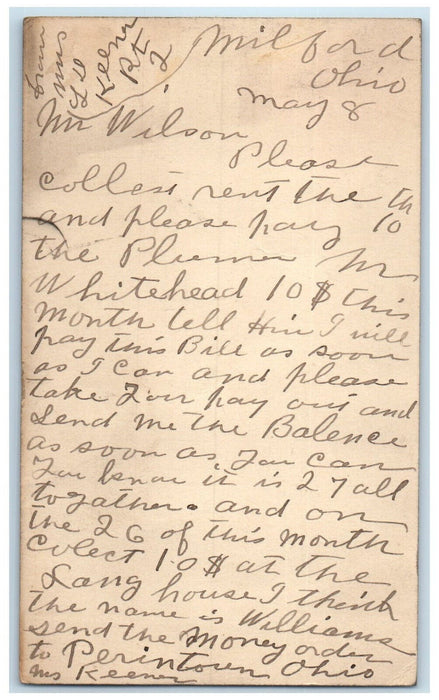 1916 Mr. Wilson Send Money Order to Perintown Ohio OH Milford Ohio OH Postcard