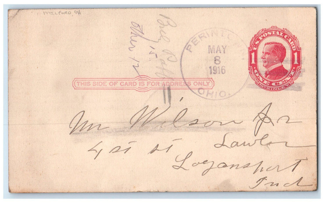 1916 Mr. Wilson Send Money Order to Perintown Ohio OH Milford Ohio OH Postcard