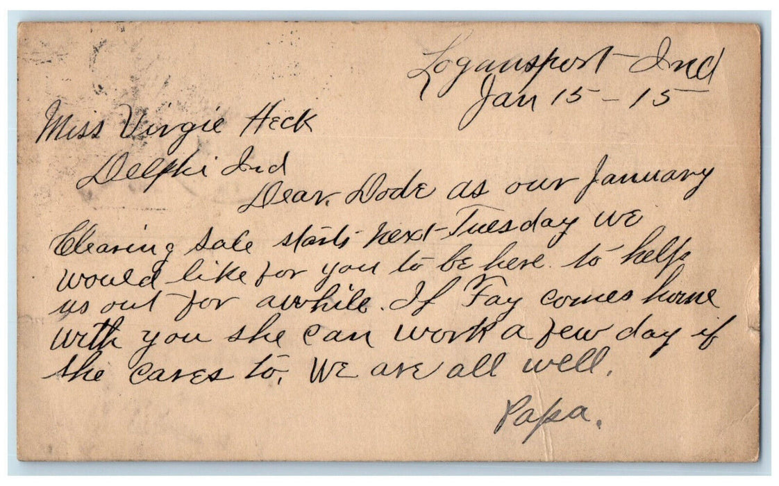 1915 Miss Virgie Heck January Clearing Sale Logansport Indiana IN Postcard