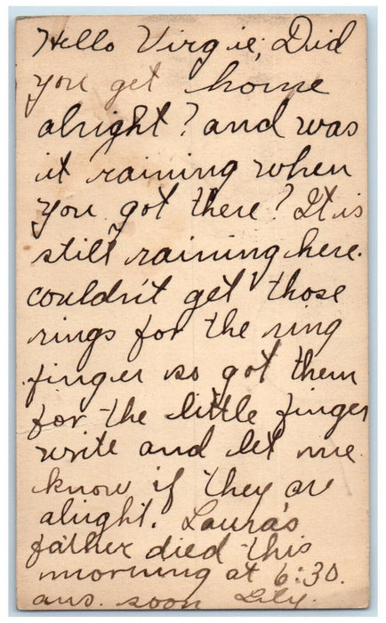 1913 Laura's Father Died Ring Finger Flora Indiana IN Posted Postcard
