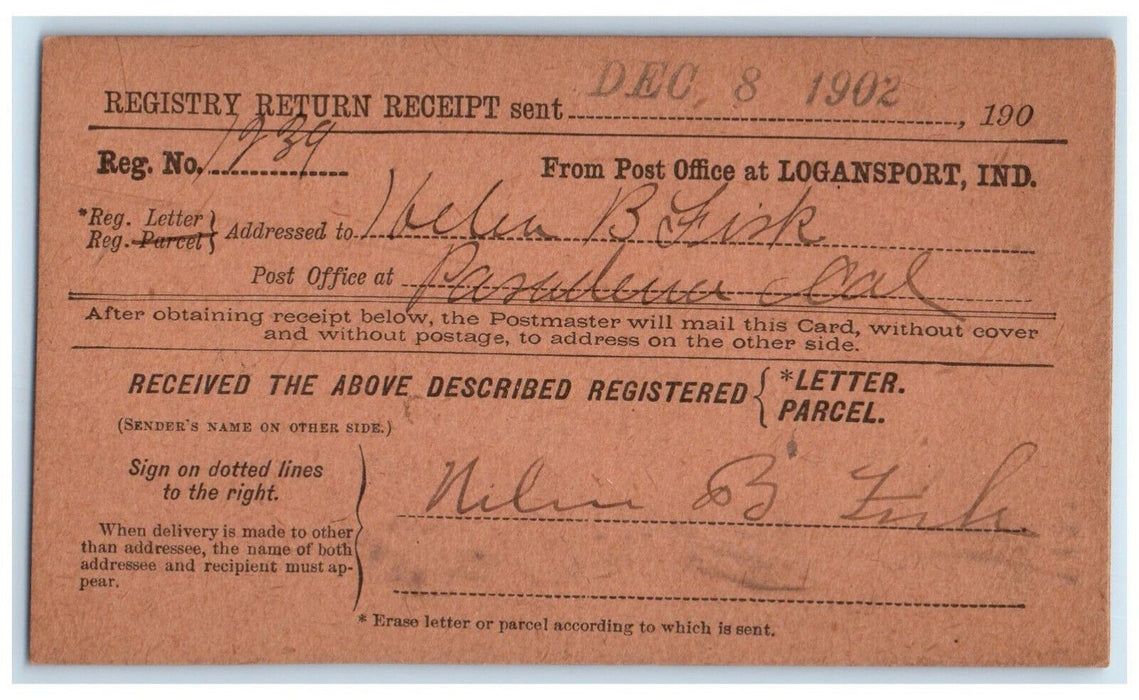 1902 Registry Return Receipt Helen B Fisk Logansport Indiana IN Postcard