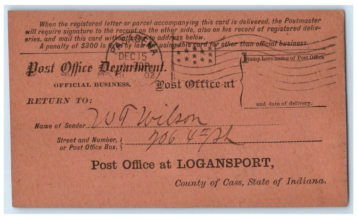 1902 Registry Return Receipt Helen B Fisk Logansport Indiana IN Postcard