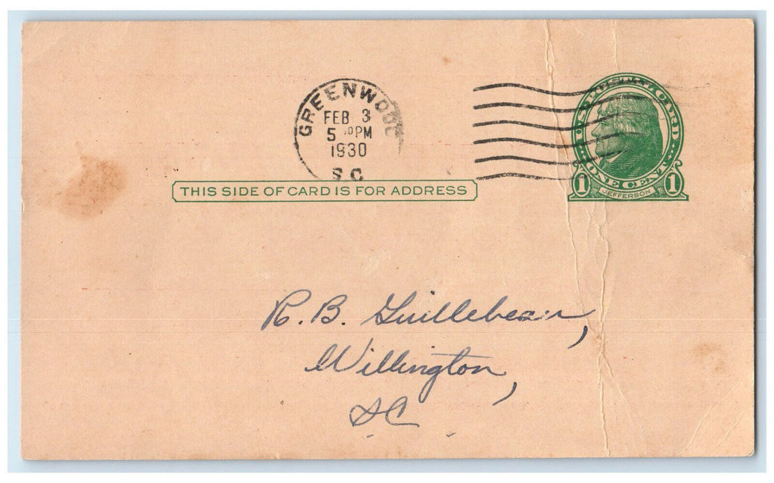 1930 Business Business Business Greenwood Autoline Co. SC Postal Card
