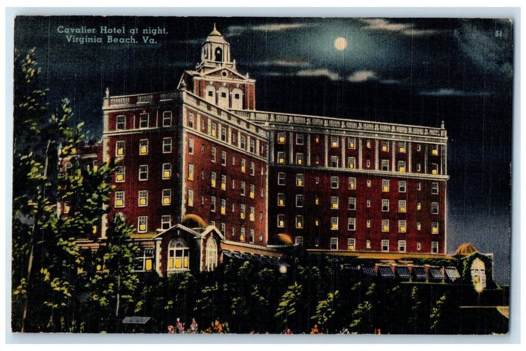 1947 Cavalier Hotel Night Exterior Building Virginia Beach Virginia VA Postcard