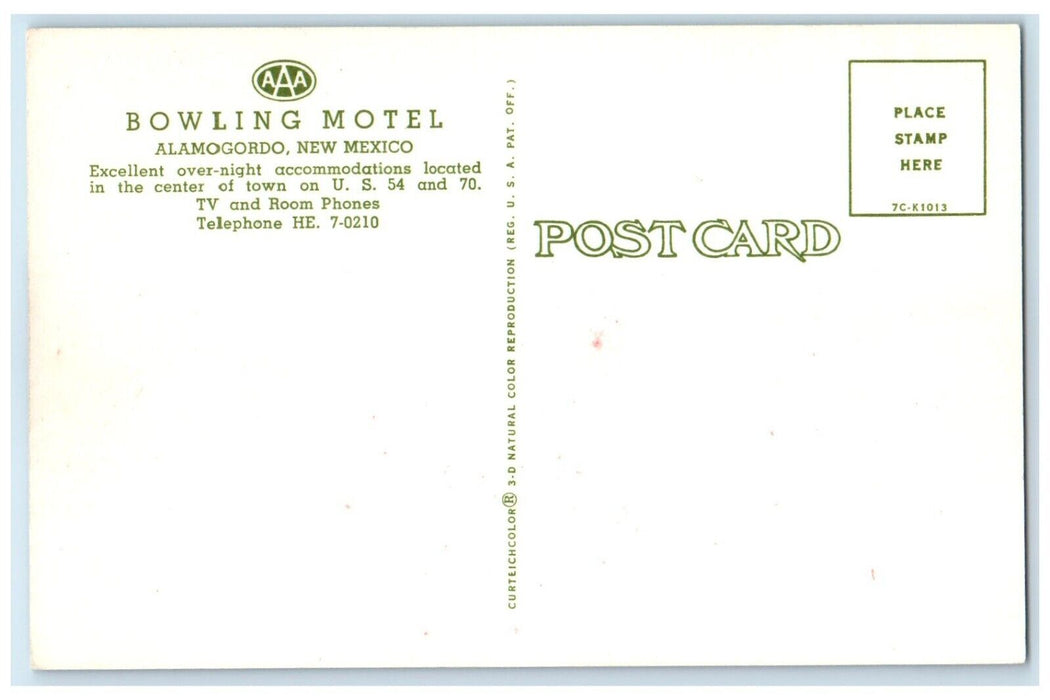 c1950's Bowling Motel Roadside Alamogordo New Mexico NM Vintage Postcard
