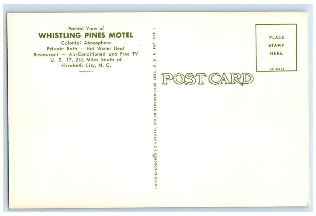 c1950s Whistling Pines Motel Elizabeth City North Carolina NC Dual View Postcard