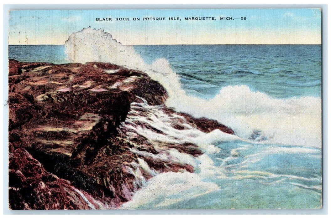 1945 Scenic View Waves Black Rock Presque Isle Marquette Michigan Linen Postcard