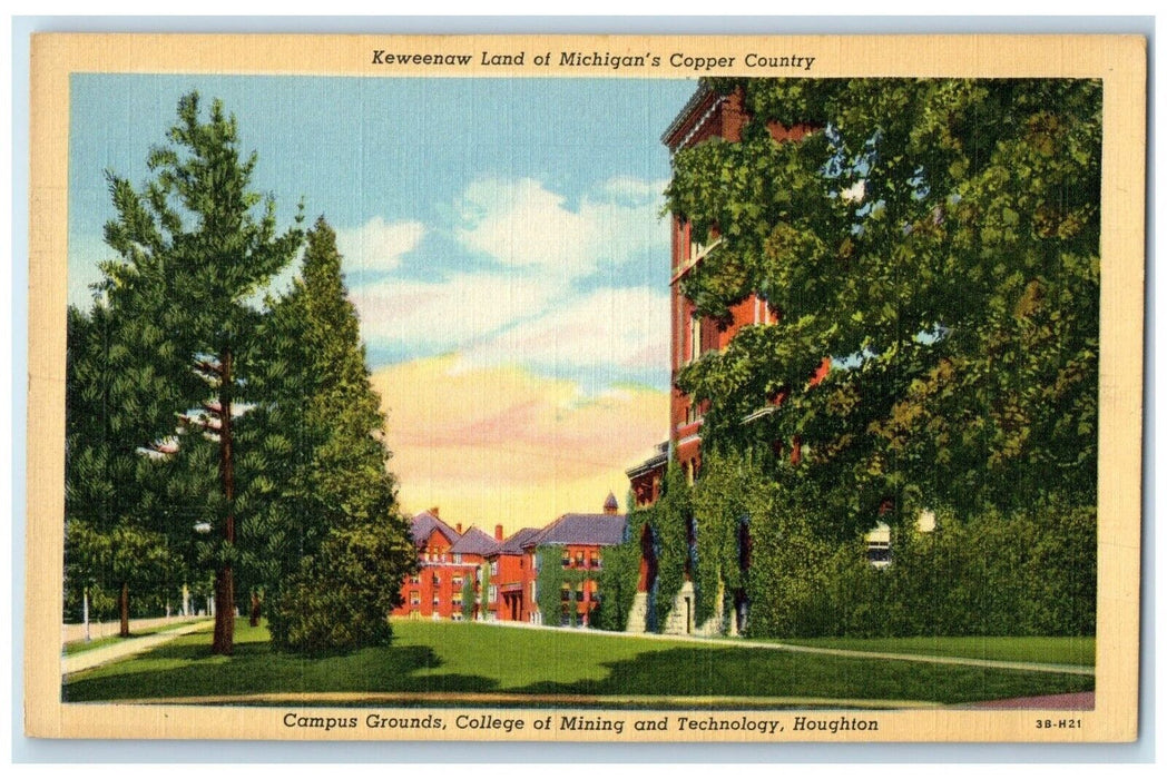 1940 Campus Grounds College Mining Technology Houghton Michigan Vintage Postcard