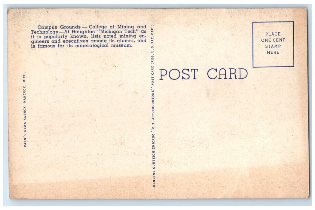 1940 Campus Grounds College Mining Technology Houghton Michigan Vintage Postcard