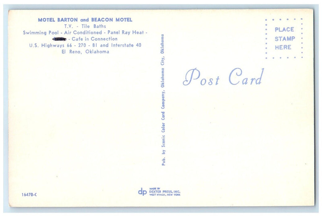 c1950's Motel Barton And Beacon Motel El Reno Oklahoma OK Vintage Postcard