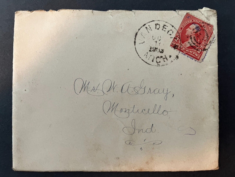 1902 Mr Gray Monticello Indiana Van Decar Michigan IN Target Cancel 2 Cent Cover