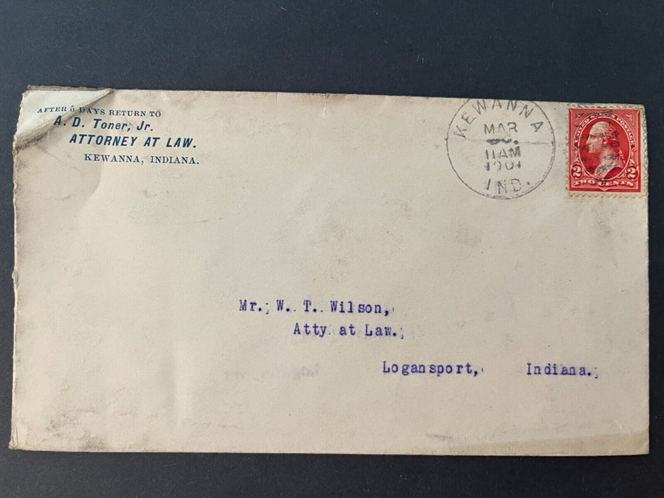 1901 Attorney Lawyer A. D. Toner Kewanna Indiana to Logansport 2 Cent Cover