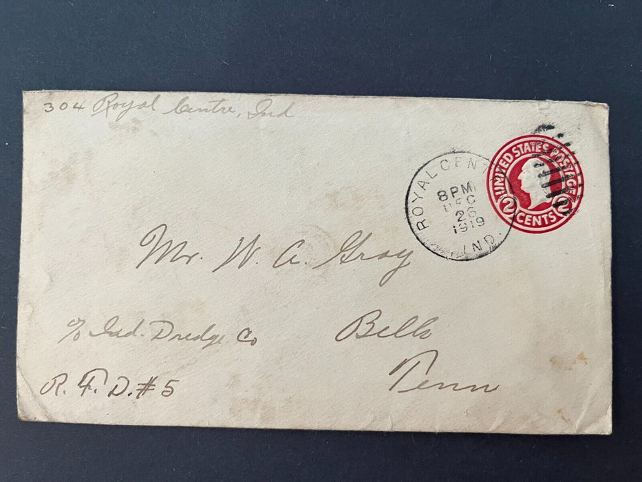 1919 Mr. Gray Royal Center Indiana Bells Tennessee Duplex Cancel 2 Cent Cover