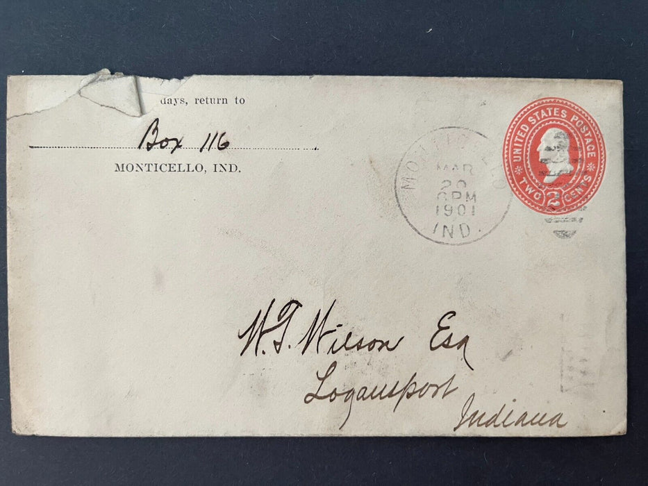 1901 Box 116 Monticello Indiana To Logansport Duplex Cancel 2 Cent Cover