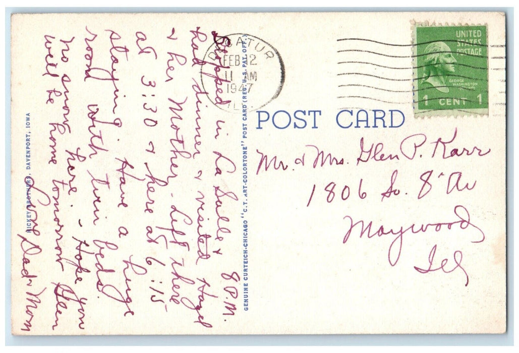 1947 Exterior View Hotel Orlando Building Decatur Illinois IL Antique Postcard