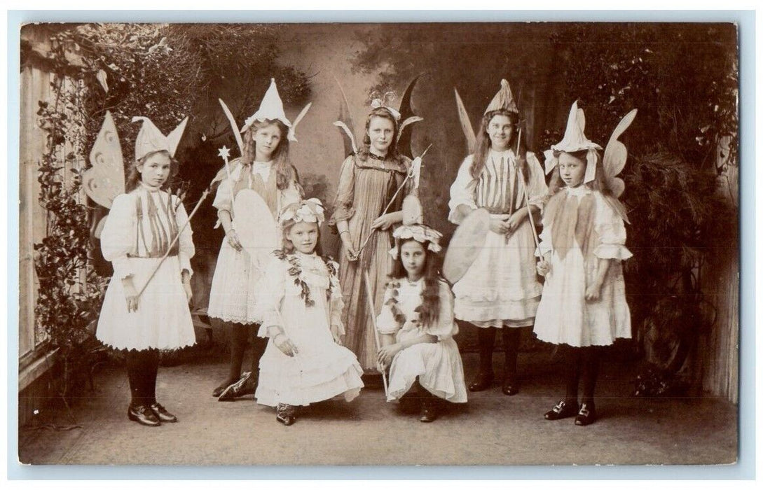 c1920's Girls Play Fairy Wand Surreal Fantasy England UK RPPC Photo Postcard