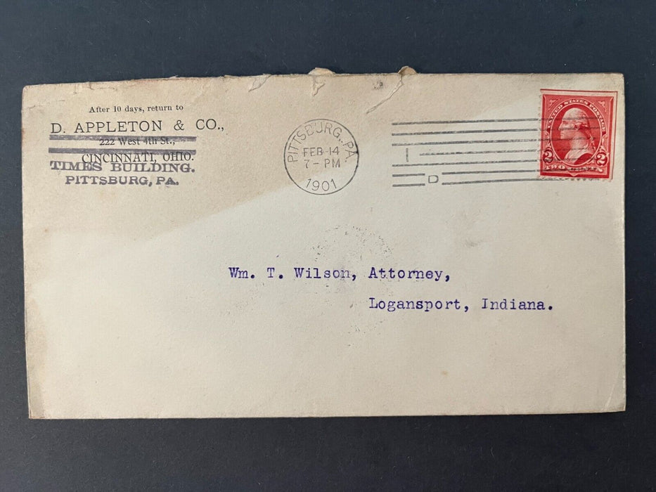 D. Appleton & Co Cincinnati Ohio Pittsburg PA Logansport Indiana 2 Cent Cover