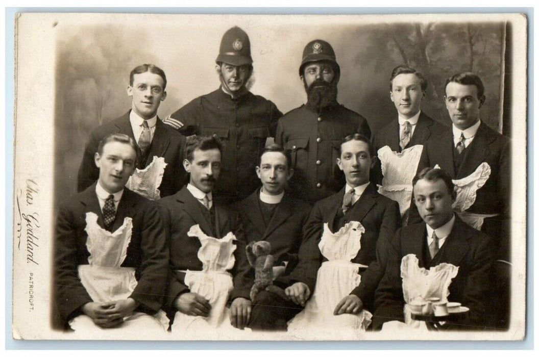 c1920's Men Maid Police Priest Teddy Bear Patricroft England RPPC Photo Postcard