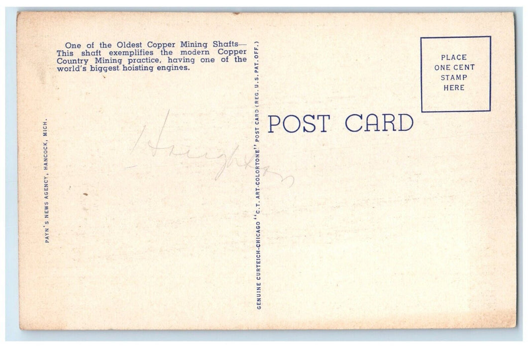 c1940 One Oldest Copper Mining Shafts Michigan Copper Country Unposted Postcard