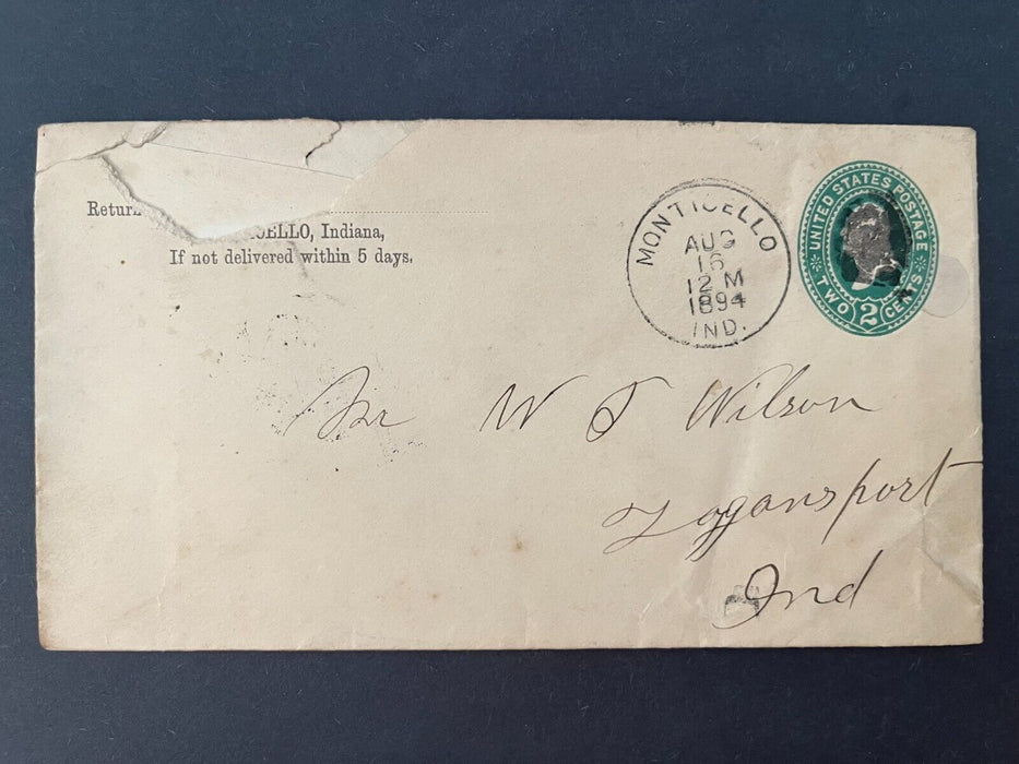 1894 Mr. Wilson Monticello Indiana Logansport Duplex Cancel 2 Cent Cover