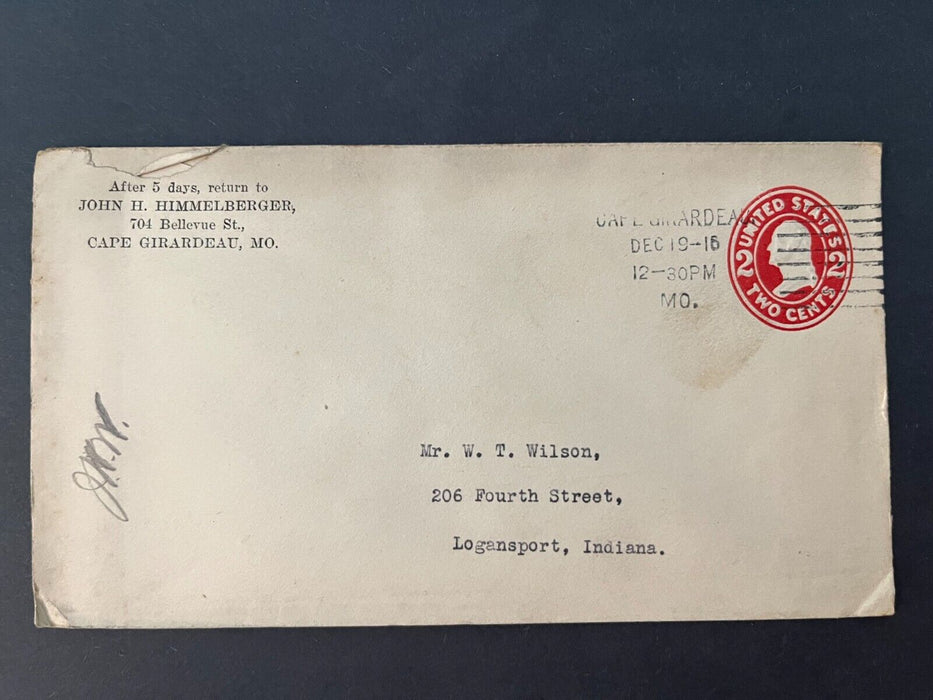 John Himmelberger Cape Girardeau Missouri Logansport Indiana 2 Cent Cover