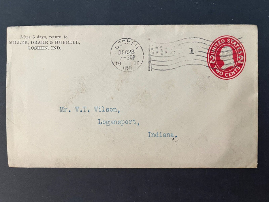 Miller Drake & Hubbell Goshen Indiana Logansport Flag Cancel 2 Cent Cover