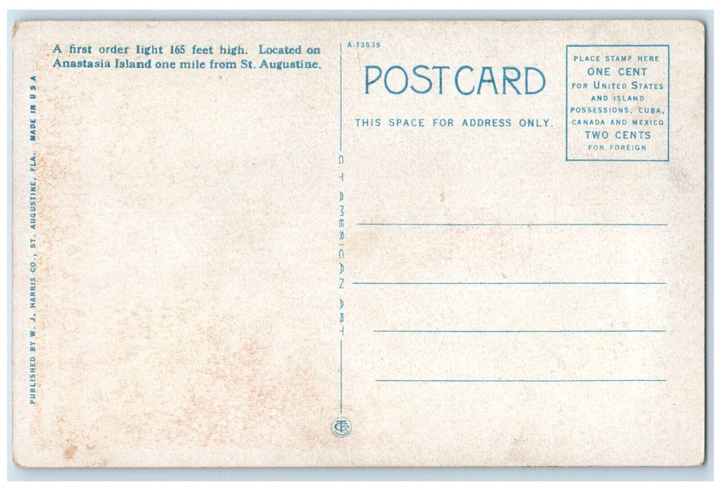 c1920 Exterior View Anastasia Light House St Augustine Florida Unposted Postcard