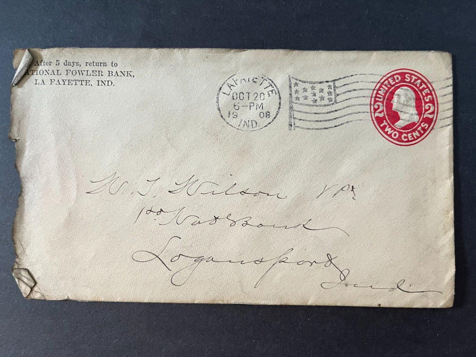1908 National Folwer Bank Lafayette Indiana Logansport Flag Cancel Cover