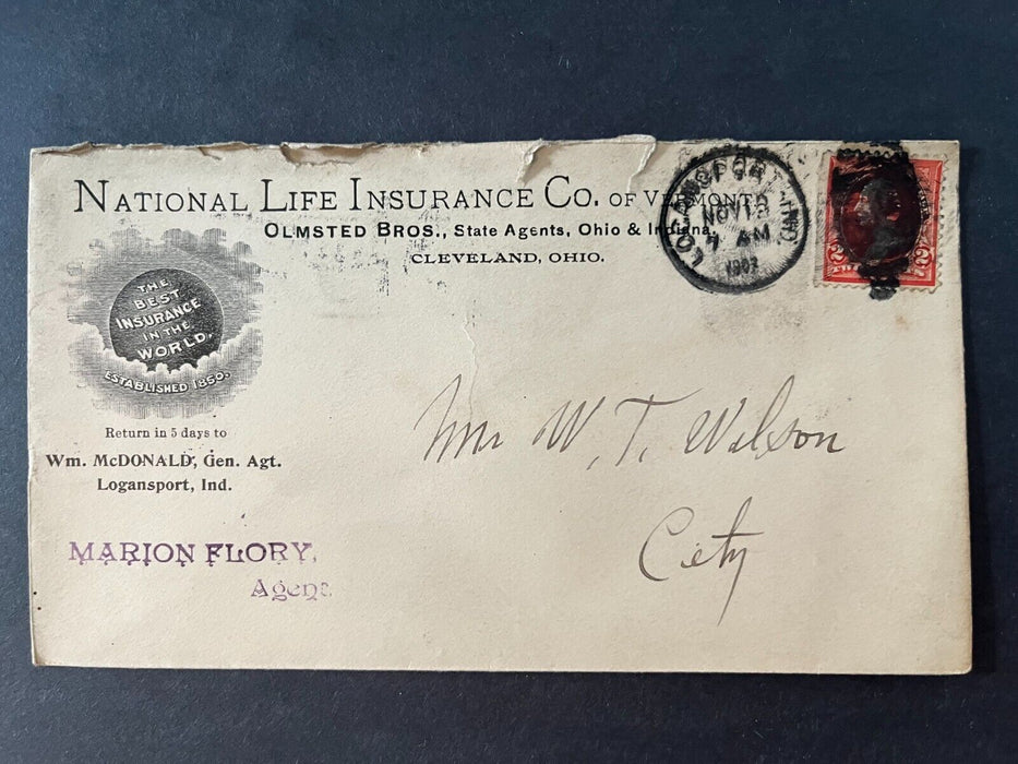 1902 National Life Insurance Co. Cleveland Ohio Logansport Duplex Cancel Cover